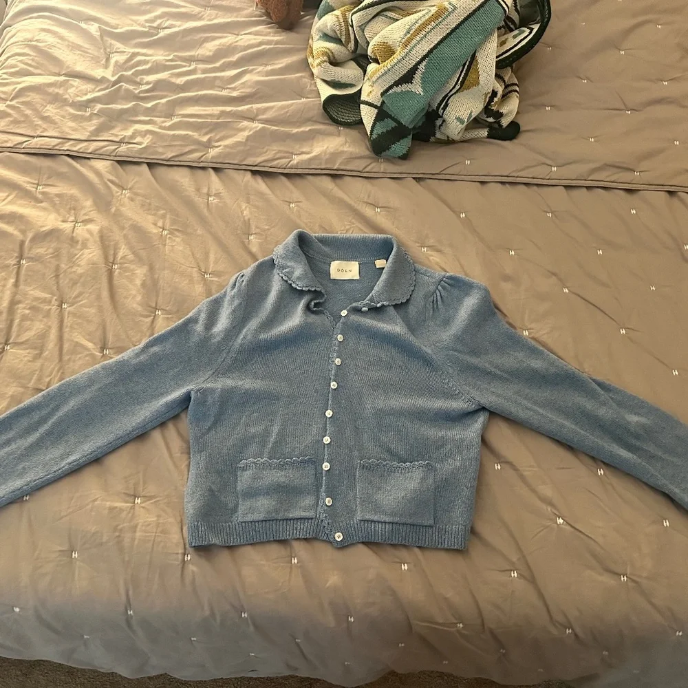 Doen Sky Blue Cashmere Button Front Collared Cardigan Size Small - Picture 2 of 5